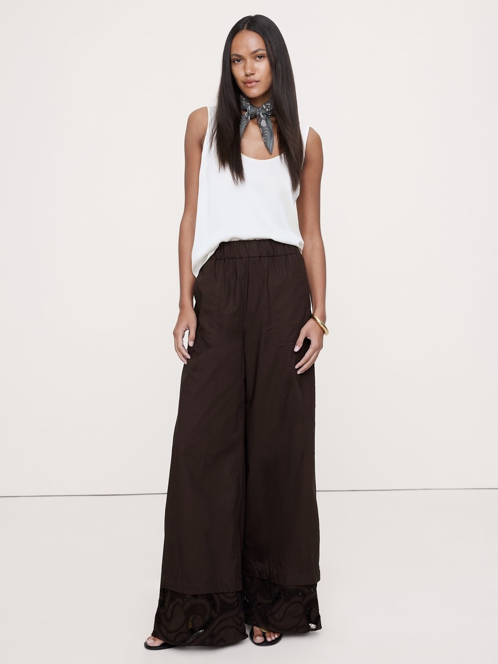 Banana Republic Pull on Wide-Leg Lace-Hem Pants in Dark Brown